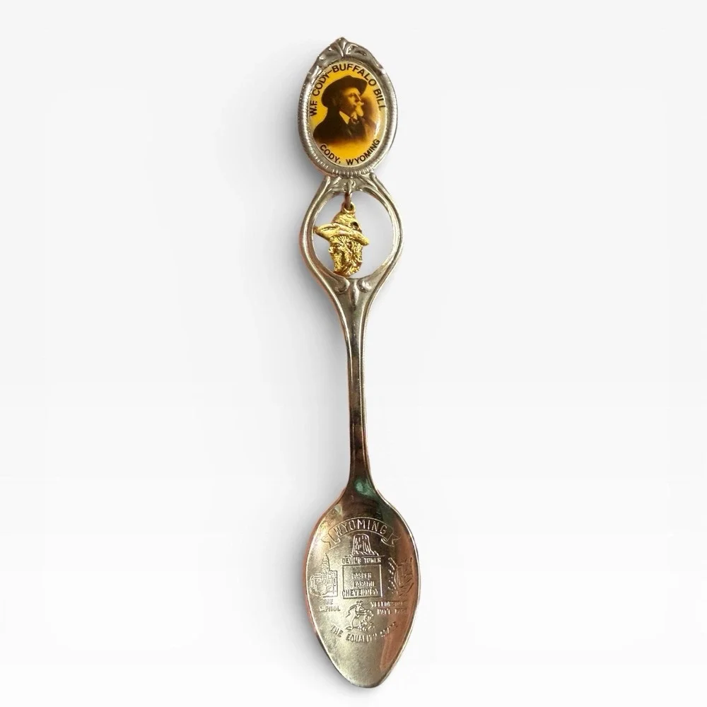 Vintage Buffalo Bill Cody Wyoming Souvenir Spoon with Hanging Buffalo Bill Charm